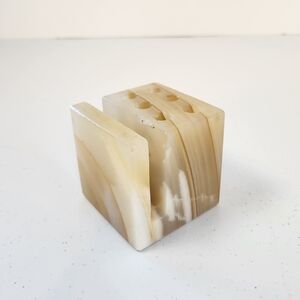 Vintage Green Tan Brown Onyx Desk Letter Pen Pencil Holder Caddy 2.75"x2.75" MCM